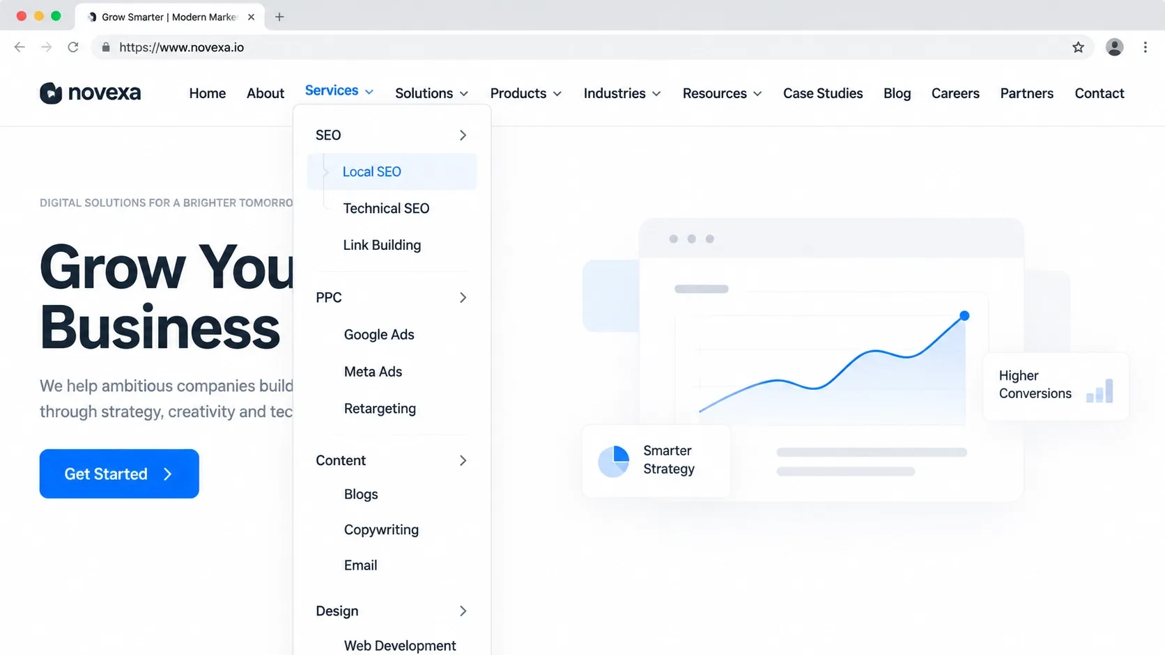 Modern SaaS website with an overcrowded navigation bar and a long nested Services dropdown.