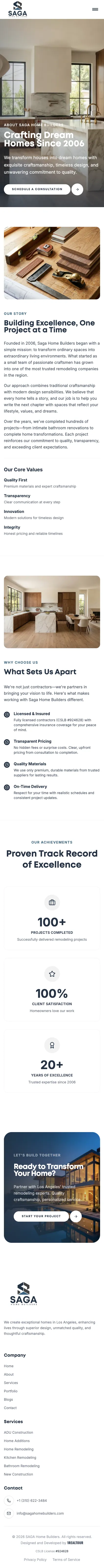 Saga Home Builders about page on mobile