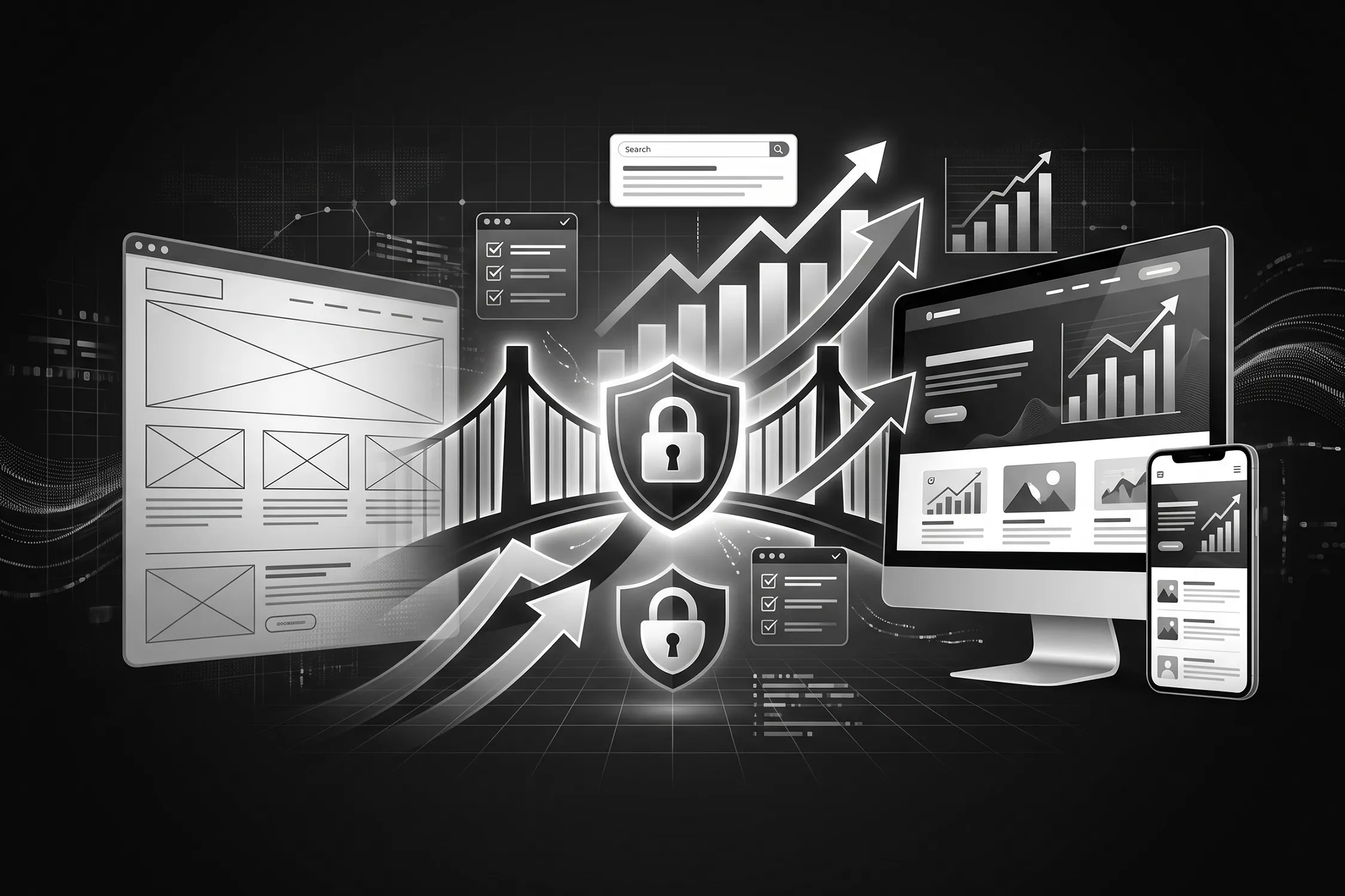 Website redesign illustration showing SEO growth, analytics, and security protection.