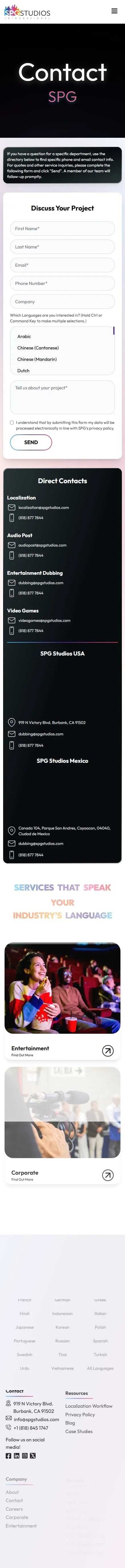 SPG Studios contact page on mobile