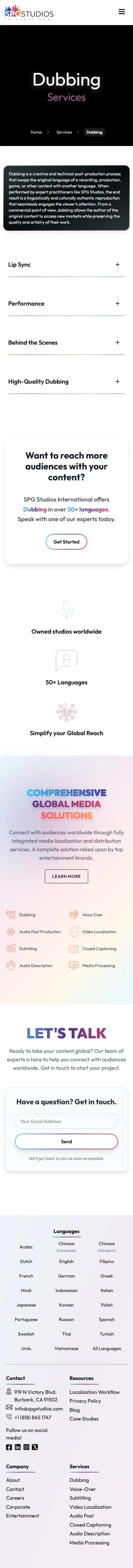 SPG Studios services dubbing page on mobile