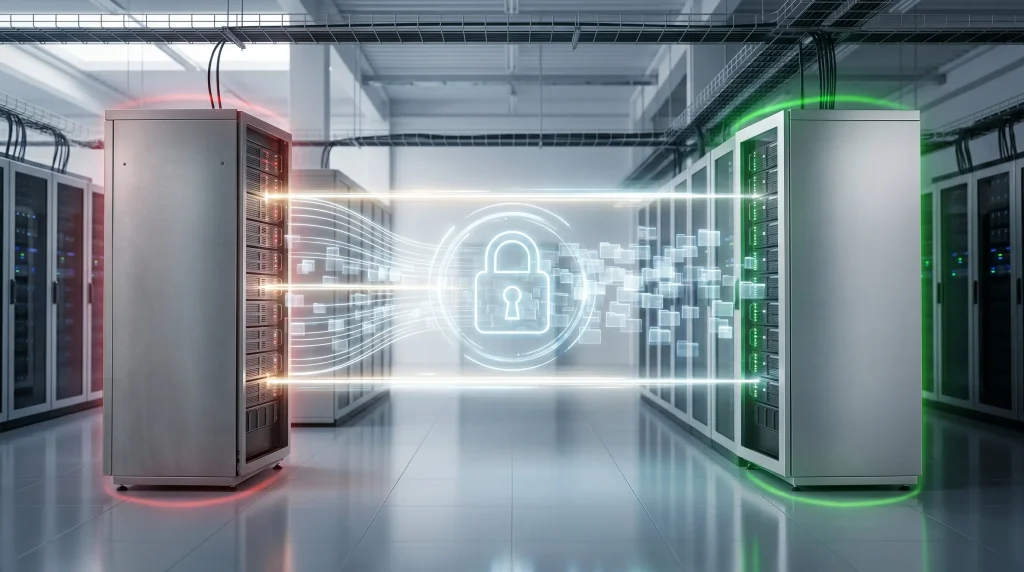 A photorealistic cinematic view of glowing data packets safely moving across an energy bridge from one server rack to another in a modern data center.