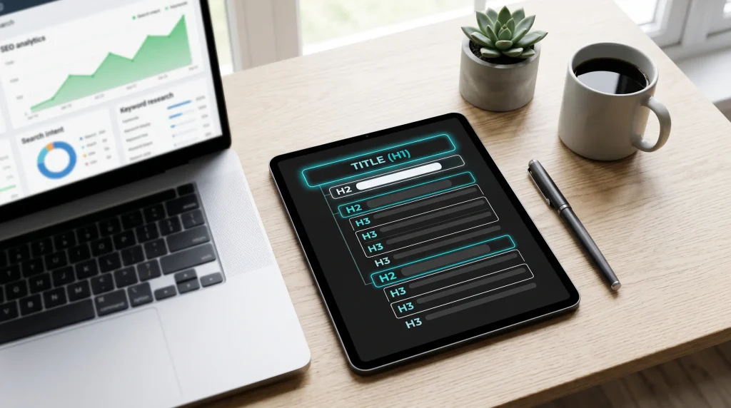 A top-down view of a modern desk with a digital tablet showing a structured document layout alongside SEO analytics charts.