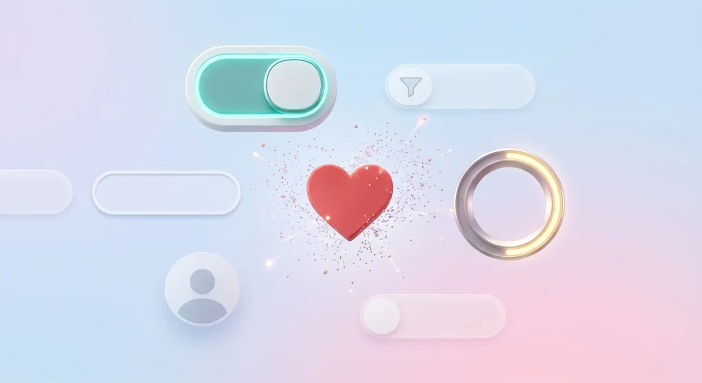 A clean, modern UI design mockup showing Micro-Interactions elements like a toggle switch, a heart icon, and a loading ring.
